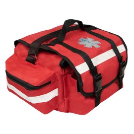 Primacare KB-RO74-R First Responder Trauma Bag, 17" x 9" x 7", Red — EMT/EMS Medical Supply Organizer with Padded Dividers, Multiple Compartments, Side Pockets, Reflective Strip, Durable Design