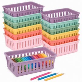 gisgfim 12 Pack Classroom Small Plastic Baskets for Organizing Mini Pencil Crayon Storage Bins Classroom Container Boxes for School Teacher Supplies Home Office Desk 6.1" L X 4.7" W X 2.4" H (Pastel)