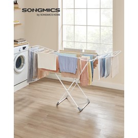 SONGMICS Clothes Drying Rack, Metal Laundry Drying Rack, Foldable, Space-Saving, Free-Standing Airer, with 4 Gullwings, Indoor Outdoor Use, Bed Linen Clothing, White ULLR541W01