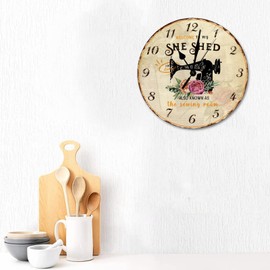 LetusZhogo 10 Inch Wooden Wall Clock Art Hanging Clocks Silent Non-Ticking Wall Clock Battery Operated Round Home Flowers Sewing Machine Style Welcome to My She Shed Decorative Wall Clocks