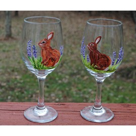 Bunny Rabbit Hand Painted Stemmed Wine Glasses Set of 2
