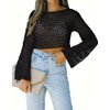 Womens Crochet Crop Top Long Sleeve See Through Hollow Out