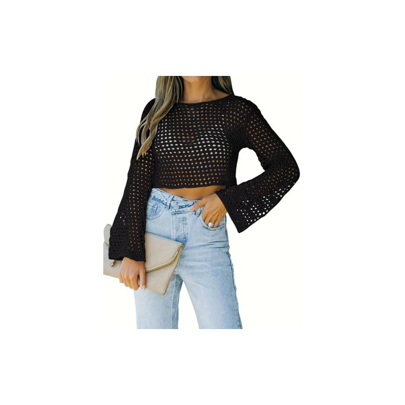 Womens Crochet Crop Top Long Sleeve See Through Hollow Out