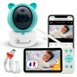 Beylatann Babyphone, 5 Zoll, 1080p, LCD-IPS, WLAN, VOX, Aufnahme, SD-Karte, Cloud, Nachtsicht, Bewegungserkennung, Wiegenlieder, 360° Pan-Tilt, Babyphone + Halterung