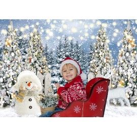 INRUI Glitter Christmas Pine Tree Snowman Photography Background Winter Snowflake White Elk Party Decoration Christmas Snowy Forest Birthday Backdrop (8x6FT)