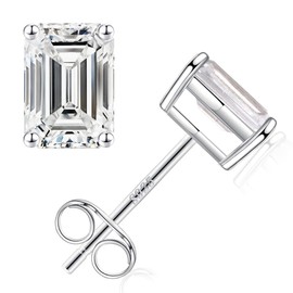 S925 Sterling Silver Stud Earrings for Women, Hypoallergenic Sterling Silver Stud Earrings Emerald Cut Cubic Zirconia Silver Stud Earrings for Women Men