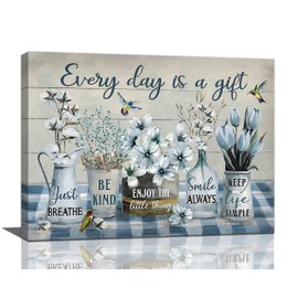 Farmhouse Flower Bathroom Decor Wall Art Rustic Flower Every Day is A Gift Butterfly Floral Pictures Wall Decor Canvas Painting Prints Artwork Home Decorations Framed for Bedroom Living Room 24"x16"