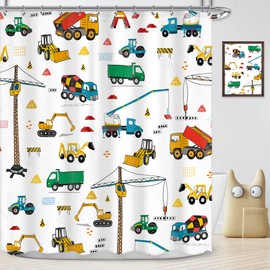 Newsely Kids Construction Truck Boys Shower Curtain 60Wx72H Inch Cartoon Excavator Tractor Machinery Vehicle Shower Curtain Bathroom Set Colorful Waterproof Bath Decoration Accessories Home Decor