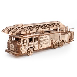 3D Wooden Puzzle - DIY 3D Puzzle Wooden Fire Truck Mechanical Model Kit with Wind Up Mechanism, Adjustable Ladder & More - 3D Puzzles for 15 yrs Above & Adults - Eco Wood Art, 439 Pieces