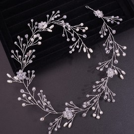 Teyglen Flower Crystal Wedding Hair Vine Bridal Rhinestone Beads Headband Hair Vine Silver Pearls Rhinestone Beads Hair Pieces for Bride Handmade Headpieces Hair Accessories for Women Flower Girls
