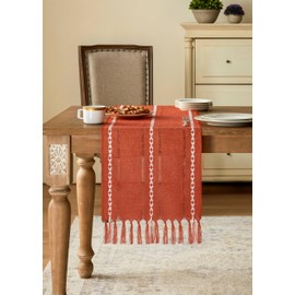 YZJZEDS Hemstitched Farmhouse Fall Table Runner, Orange 13x48 Inch, Cotton Linen Table Runners 48 Inches Long, Embroidered Striped Burnt Orange Boho Table Runner Fall Decoration for Home