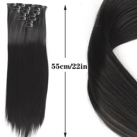 MUNSKT 7 Pcs 22 Inch Natural Black Clip in Hair Extensions, in Double Weft, Instant Thick Hair, for Daily Styling, Commuting, Dating, Weddings, Various Parties, 150g