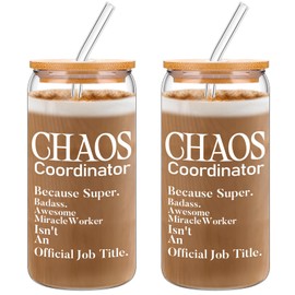 Nuenen 2 Pieces Friends Gifts Coach Gifts Chaos Coordinator Gifts for Women 16 oz Glass Coffee Tumbler Cup for Birthday Gifts Appreciation Thank You Gift Coach Sisters Coworker(Chaos Coordinator)