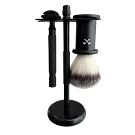 Woodsman - Kit De Afeitado Woodsman Con Base, Brocha Y Rastrillo Negro Fabricado en Acero Inoxidable.