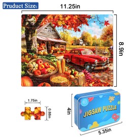 LELEMON Autumn Jigsaw Puzzles in a Metal Box 100 Pieces Autumn Pumpkin Red Car Maple Leaves Jigsaw Puzzle for Kids Ages 4-8 Children Learning Educational Puzzles Toys