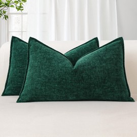 Sungeek Set of 2 Soft Chenille Cushion Covers 30x50cm Lumbar Decorative Throw Pillow Covers with Stitched Edge Solid Dyed Pillow Cases Covers for Home Decor Couch Sofa Bed Living Room, Dark Green