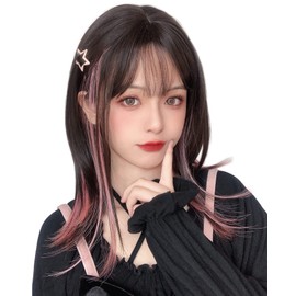Limakara Wig, Semi-Long, Straight, Inner Color, Pink, Gradient, Long, Medium, Full Wig, Lolita Wig, Cosplay, Smooth, Women's, Small Face, Natural Net Included, Two Tone Black Pink