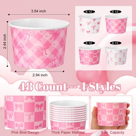 Newtay 48 Pcs Pink Bow Snack Cups 9oz Coquette Bowknot Disposable Bowls Dessert Food Treat Paper Bowls for Baby Shower Birthday Bachelorette Wedding Bridal Party Supplies, 4 Designs