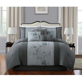 Chezmoi Collection Vienna 7-Piece Gray Blue Embroidered Floral Comforter Set, California King Size