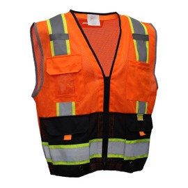 Troy Safety P5511 Class 2 High Visible Two Tone Reflective Strips Breathable Mesh Vest, Pockets Harness D-Ring Pass Thru, ANSI/ISEA, Construction Motorcycle Traffic Emergency (XL, Orange)