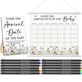 Sintuff Guess Baby Due Date Calendar Include 1 Pcs Guess The Arrival Date of The Baby Shower Wooden Sign 1 Prediction Calendar 12 Fineliner Colored Pens Game Party Favor(Wildflower)