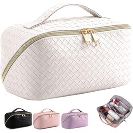 Bolsa de Cosméticos de Viaje de Gran Capacidad, Bolsa de Cosméticos Impermeable de Piel Sintética para Mujer, Bolsa de Maquillaje Portátil de Viaje con Asa y Divisor, Multifuncional, Moda, Blanco