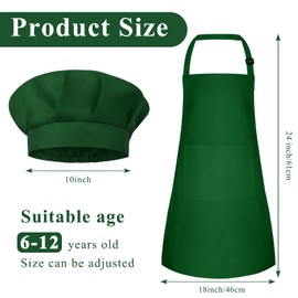 BOUBONI Kids Apron and Chef Hat Set Adjustable Cooking Art Apron with 2 Pockets Toddler Chef Hat and Apron for Cooking Baking and Painting, I-Dark Green