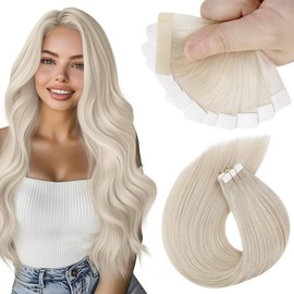 Sunny Hair Tape in Hair Extensions Human Hair Invisible Tape in Hair Extensions 10Pcs Tape in Extensions Real Human Hair Straight Hair Extensions for Women 16 inch Platinum Blonde Color
