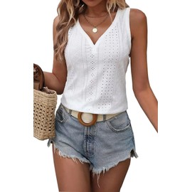Womens Fashion Tank Tops Solid Color Hollow Tops Summer Casual Loose Flowy Shirt Tanks Vest Vacation Sleeveless Shirts(Large,White)