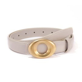 KONQUWA Women's Elegant Casual Genuine Leather Belt with Matte Oval Vintage Gold Buckle for Jeans Pants Dresses (Off White/Vintage Gold Buckle,36″-45″)