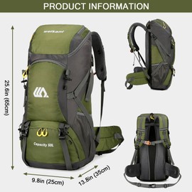 Kugooyi 50L Hiking Backpack with Rain Cover Waterproof Lightweight Camping Daypack Walking Rucksack Outdoor Sports Trekking Climbing Skiing Travel Bag (Green)