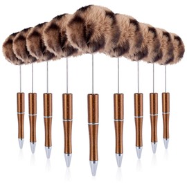 FASHEWELRY 10 Pcs Brown Fluffy Beadable Pens Leopard Print Pom Pom Ball Ballpoint Pens 6.7 Inch Retractable Plush Beaded Pen for Office Writing Back to School Decorative Gift Supplies