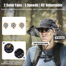 Solar Powered Fan Hat-2 Solar & USB Fans Fishing Hat-3-Speed Adjustable,UPF 50+Sun Protection Men Outdoor Wide Brim Sun Hat with Built-in Solar Fans for Fishing Summer Camping Hiking -Dark Gray