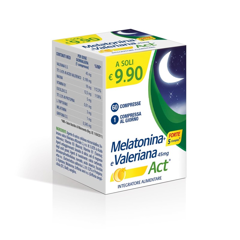 Melatonina Act + Forte 5 Complex, Integratore Alimentare, 60 Compresse