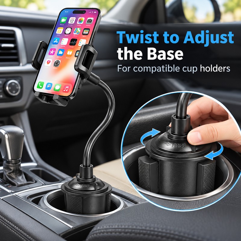 Car Cup Holder Phone Mount – Adjustable Base, Flexible Gooseneck