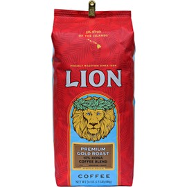 Lion Coffee, Premium Gold Roast, 10% Kona Coffee Blend, Whole Bean, 24 Ounce Bag