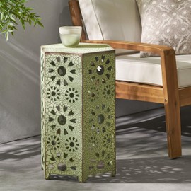 FocusOnHome Outdoor 14" Iron Floral Side Table Patio Side Table, Outdoor Footstool, Garden Mosaic Accent Side Table, Plant Stand, Green
