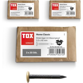 TOX 063600103_3 Picture Nail Home Classic Set Made of Hardened Steel with Brass Head in Recyclable Paper Packaging, Size 2.0 x 40 mm, Steel Nails for Pictures for Almost All Building Materials, 3 x 20