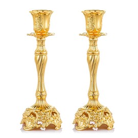 Sziqiqi Gold Candlestick Holders Set of 2 Taper Candle Holders Deluxe Ornate Candle Holders for Shabbat Taper Candles, Candle Centerpiece, Wedding Candles, Christmas Candle 7.4inch