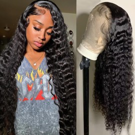 Ali Bling 13x6 Deep Wave Lace Front Wigs Human Hair Pre Plucked Lace Frontal Wigs HD Lace Frontal Wigs 180% Density Glueless Wigs for Black Women Curly Wigs 30 Inch Natural Color Bleached Knots