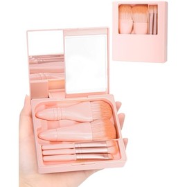 PGRODE Juego de brochas de maquillaje de tamaño pequeño con estuche rígido y espejo integrado, 5 brochas de maquillaje pequeñas, juego de utensilios  