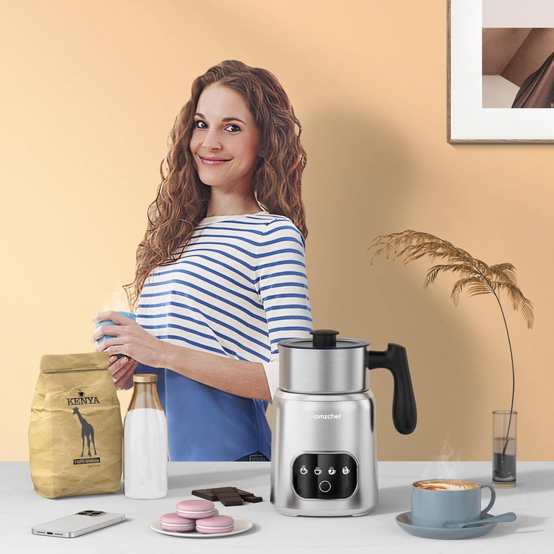 AMZCHEF 8-IN-1 Milk Frother and Steamer 600W w/Smart Touch Control,