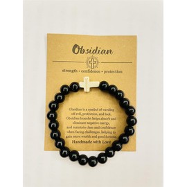 Yecomsy Christian Bracelet Cross Beaded Bracelets Jewelry Natural Healing Stone Inspirational Faith God Stretch Bracelet Religious Jewelry-Black Obsidian