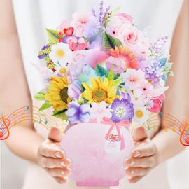 3D Popup Mother's Day Card | Musical Light Up Assorted Flowers Bouquet | Decorative Floral Greeting Card | Envelope & Blank Note Card | Perfect for Birthday, Anniversary, Get Well, All Occasion