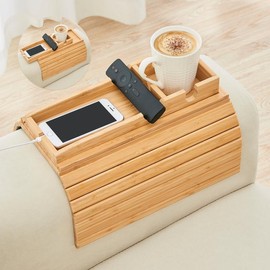GEHE Bamboo Sofa Arm Table, Couch Cup Holder, Anti Falling Couch Drink Holder, Natural Bamboo Sofa Cup Holder Armrest Tray, More Safe for You Family, Portable Couch Arm Tray Table for Remote/Snacks/Cellphone/Drinks/Cup - Color: Natural Bamboo, Size: 17.3