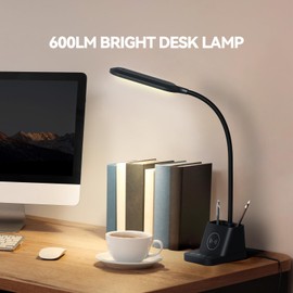 AXX LED Desk Lamp for College Dorm Room with Wireless Charger, Reading Light for Home Office Bedroom, Small, Bright, Touch Control, Pen Holder, Phone Mount, Timer, Black