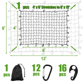 WSSROGY 4' x 6' Cargo Net Stretches to 6' x 12', Heavy Duty Cargo Netting for Pickup Truck Bed, Roof Rack Net with Hooks Carabiners