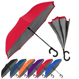 STROMBERGBRAND UMBRELLAS The ViceVersa 46 Inch Windproof Inverted Self Standing Upside Down Reverse Umbrella, C-Shape Handle Large Rain Umbrella For Men and Women, Hands Free Stick Umbrella, Red