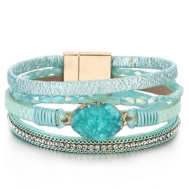 FANCY SHINY Leather Wrap Bracelet Boho Cuff Bangle Bracelets Crystal Bead Bracelet with Magnetic Clasp Trendy Jewelry Gifts for Women (7.7", Teal)
