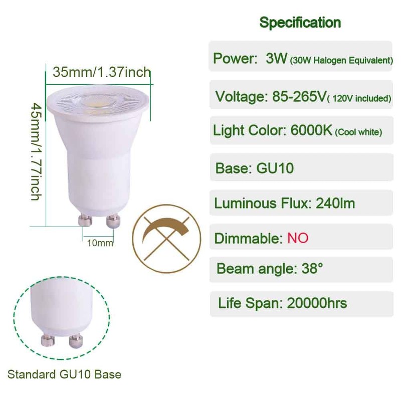 CIKAMIO 6-Packs mr11 Mini gu10 120V Non-dimmable 3w COB led
